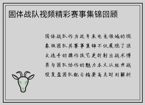 固体战队视频精彩赛事集锦回顾