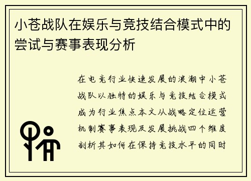 小苍战队在娱乐与竞技结合模式中的尝试与赛事表现分析